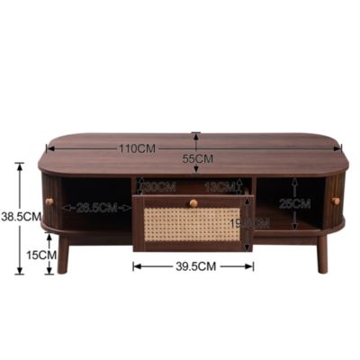 Table basse effet noyer vintage et rotin 1 tiroir et 2 niches