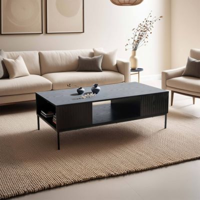 Table basse en acier et MDF décor mélaminé 120 cm noir  Oviala