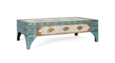 Table basse en bois de manguier bleu et blanc vieilli