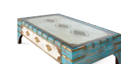 Table basse en bois de manguier bleu et blanc vieilli