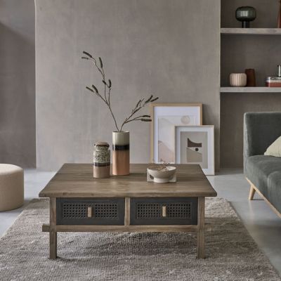 Table basse en bois recyclé massif 100 cm 2 tiroirs