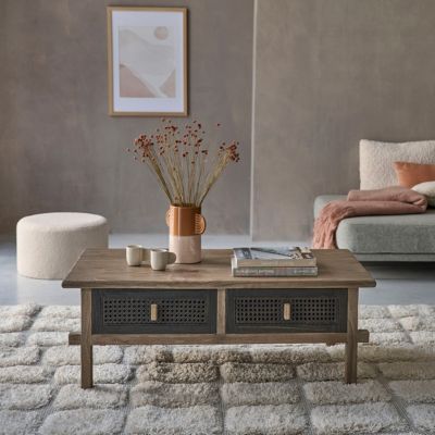 Table basse en bois recyclé massif 110 cm 2 tiroirs