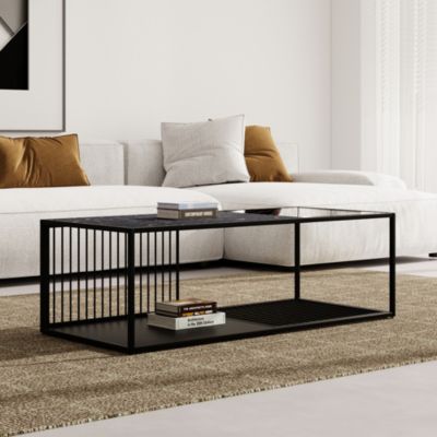 Table basse en fer forgé avec verre et effet marbré noir