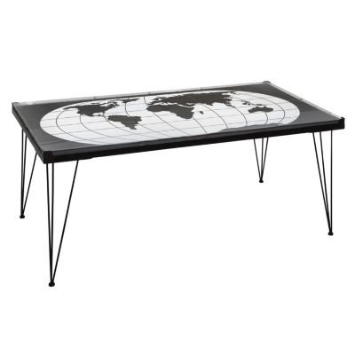 Table basse en métal imprimé mappemonde Noir, L. 110 x l. 60 x H. 52 cm, MAPPEMONDE