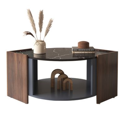 Table Basse En Marbre Et Noyer - Couleurs Contrastées, Bois Avec Tiroir Et Rangement Ouvert