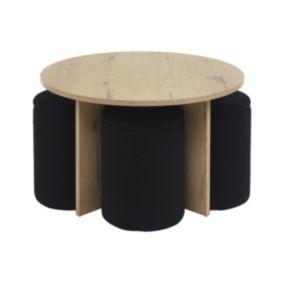 Table basse en MDF + 4 poufs en tissu bouclette - Naturel et noir - AKSAY