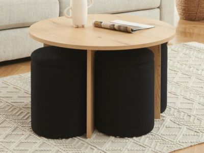 Table basse en MDF + 4 poufs en tissu bouclette - Naturel et noir - AKSAY