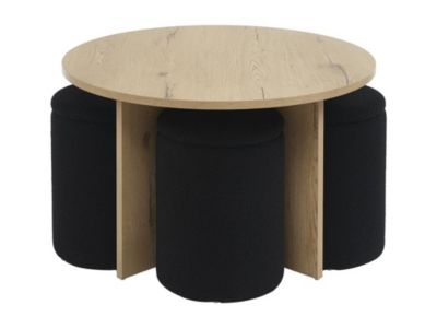 Table basse en MDF + 4 poufs en tissu bouclette - Naturel et noir - AKSAY