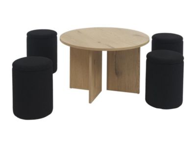 Table basse en MDF + 4 poufs en tissu bouclette - Naturel et noir - AKSAY