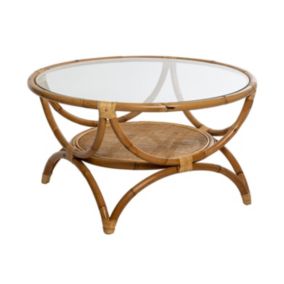 Table basse en Rotin et Verre trempé  90 x H 51 cm