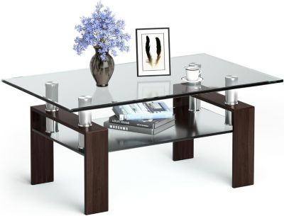 Table Basse en Verre Design Moderne, Forme Rectangulaire avec Etagère, Plateau en Verre Trempé,Tube en Acier Inoxydable
