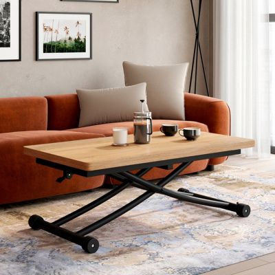 Table Basse Relevable Urbana - Transformable En Table à Manger, Plateau Bois Vieilli, Pied Noir Industriel