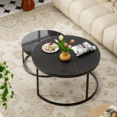 Table Basse Gigogne 2 Pièces - Ensemble Empilable MDF Et Métal Noir - Salon Moderne 80x80 / 60x60 Cm