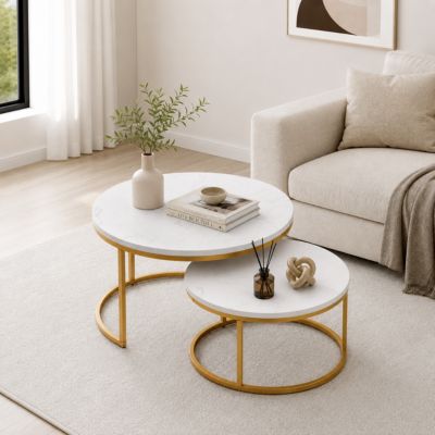 Table Basse Gigogne 2 Pièces - Tables Rondes Empilables avec Plateau MDF Facile à Nettoyer et Cadre Métal - Or/Blanc