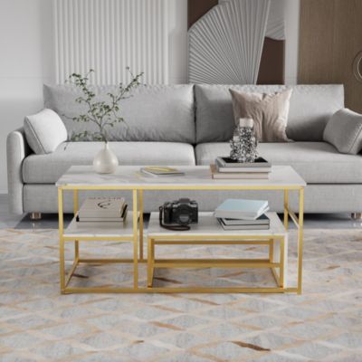 Table basse gigogne carrée en marbre blanc avec structure dorée, Ensemble moderne 2 pièces