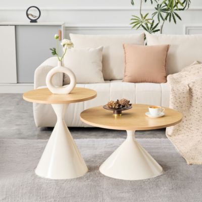 Table basse gigogne ronde bois et métal crème lot de 2