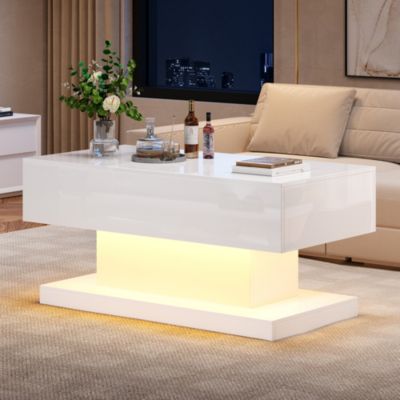 Table basse haute brillance avec éclairage LED, plateau relevable hydraulique, design moderne avec rangement, blanc, 100x50x45 cm