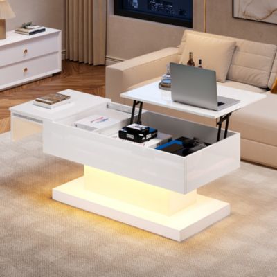 Table basse haute brillance avec éclairage LED, plateau relevable hydraulique, design moderne avec rangement, blanc, 100x50x45 cm