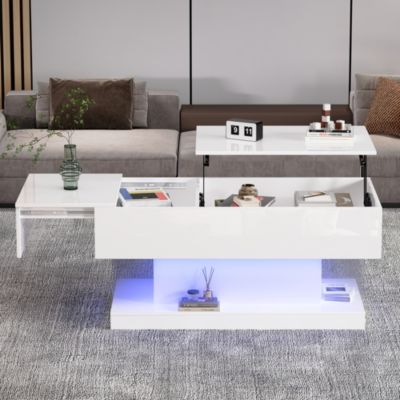 Table basse haute brillance avec éclairage LED, plateau relevable hydraulique, design moderne avec rangement, blanc, 100x50x45 cm