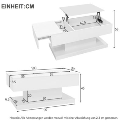 Table basse haute brillance avec éclairage LED, plateau relevable hydraulique, design moderne avec rangement, blanc, 100x50x45 cm