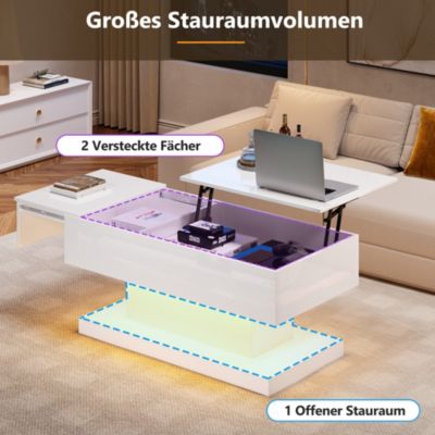 Table basse haute brillance avec éclairage LED, plateau relevable hydraulique, design moderne avec rangement, blanc, 100x50x45 cm