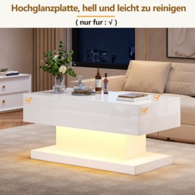 Table basse haute brillance avec éclairage LED, plateau relevable hydraulique, design moderne avec rangement, blanc, 100x50x45 cm