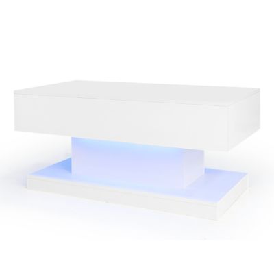 Table basse haute brillance avec éclairage LED, plateau relevable hydraulique, design moderne avec rangement, blanc, 100x50x45 cm