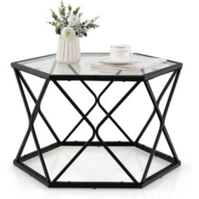 Table Basse Hexagonale-56Px 65l x 40Hcm-Cadre en Fer et Plateau en Verre Trempe-Table d Appoint en Verre avec 6 Ventouses