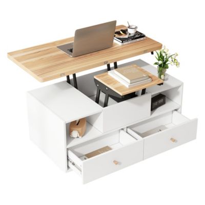 Table basse hydraulique réglable 100x50x47.5cm, 2 plateaux + 4 tiroirs, roulettes - Multifonction