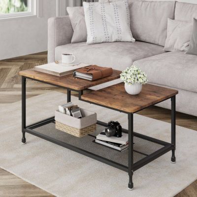 Table basse - Industrielle - 100x50x48cm - Bois massif - Brun rustique - 2 étagères
