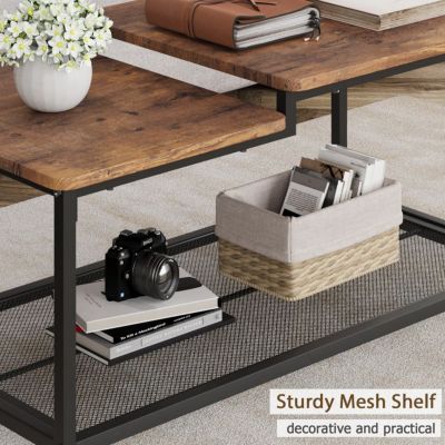 Table basse - Industrielle - 100x50x48cm - Bois massif - Brun rustique - 2 étagères