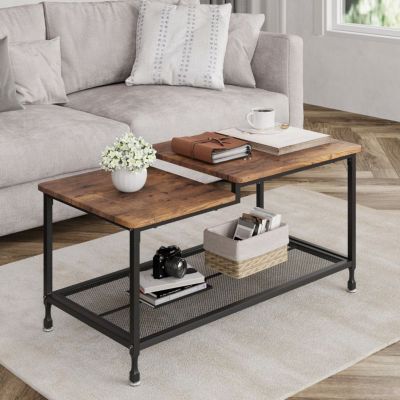 Table basse - Industrielle - 100x50x48cm - Bois massif - Brun rustique - 2 étagères
