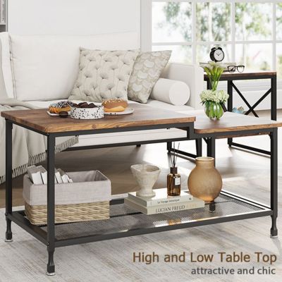 Table basse - Industrielle - 100x50x48cm - Bois massif - Brun rustique - 2 étagères