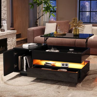 Table Basse élèveable avec 1 Tiroir et 1 Armoire, LED Télécommandée, Plateau Haut Brillant, Noir  95x50x40 cm