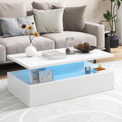 Table Basse Laquée LED 20 Lumières 8 Luminosité avec Télécommande19 Modes Nettoyage Facile Blanc