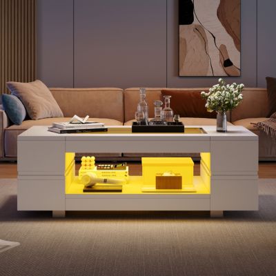 Table basse LED 100 cm blanche avec plateau en verre et rangement ...