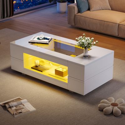 Table basse LED 100 cm blanche avec plateau en verre et rangement ...