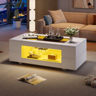 Table basse LED 100 cm blanche avec plateau en verre et rangement ...
