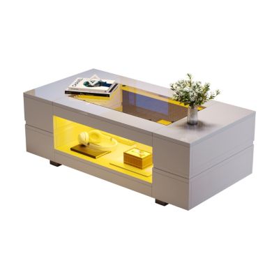 Table basse LED 100 cm blanche avec plateau en verre et rangement ...