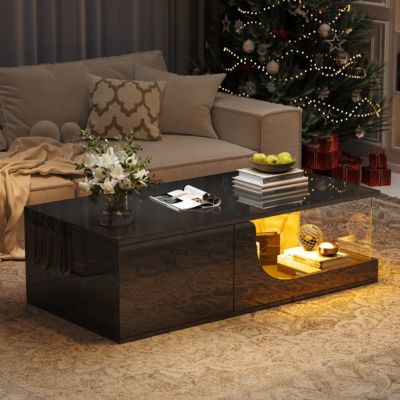 Table basse LED 100 x 50 x 30 cm noire avec 2 tiroirs