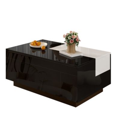 Table basse LED brillante, plateau noir/blanc extensible, rangement caché, lumière 16 couleurs, salon élégant