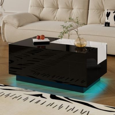 Table basse LED brillante, plateau noir/blanc extensible, rangement caché, lumière 16 couleurs, salon élégant