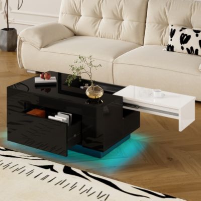 Table basse LED brillante, plateau noir/blanc extensible, rangement caché, lumière 16 couleurs, salon élégant