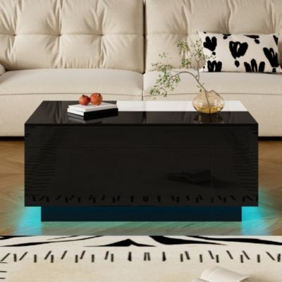 Table basse LED brillante, plateau noir/blanc extensible, rangement caché, lumière 16 couleurs, salon élégant
