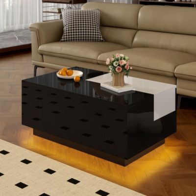 Table basse LED brillante, plateau noir/blanc extensible, rangement caché, lumière 16 couleurs, salon élégant