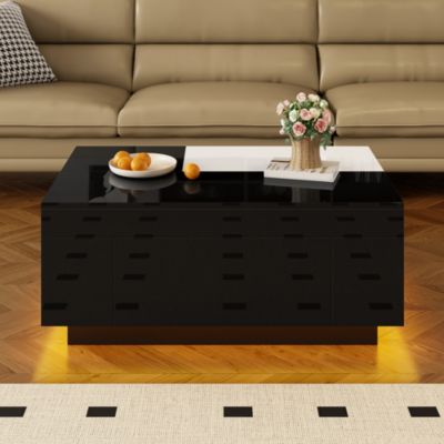 Table basse LED brillante, plateau noir/blanc extensible, rangement caché, lumière 16 couleurs, salon élégant