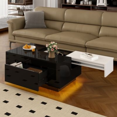 Table basse LED brillante, plateau noir/blanc extensible, rangement caché, lumière 16 couleurs, salon élégant