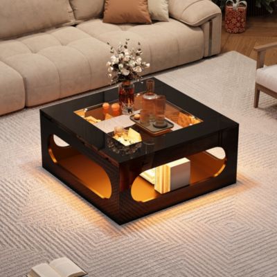 Table Basse LED Carrée - Plateau en Verre Trempé et Éclairage LED Contrôlable - MDF Effet Brillant - Noir - 70x70x35 cm