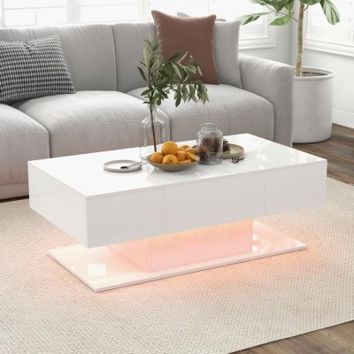 Table Basse LED Moderne Table Basse Laquée Salon Rectangulaire à 2 Niveaux avec 2 Tiroirs de Rangement Blanc
