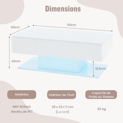 Table Basse LED Moderne Table Basse Laquée Salon Rectangulaire à 2 Niveaux avec 2 Tiroirs de Rangement Blanc